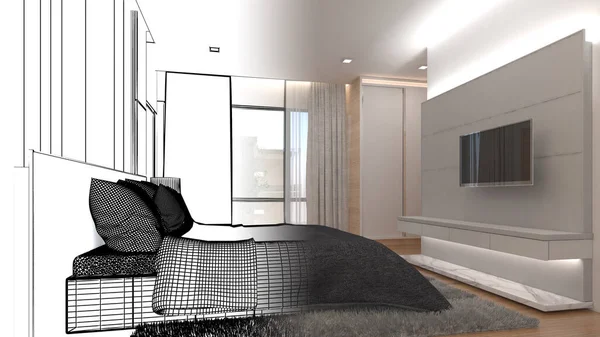 Υπνοδωμάτιο Του Home Συνδυασμό Σχεδίων Γραμμή Και Χρώμα Απόδοση — Φωτογραφία Αρχείου