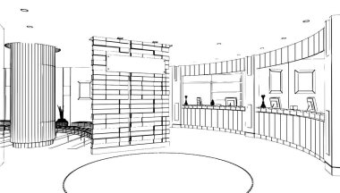 Benzin istasyonundaki bekleme alanının çizgi çizimi, 3D görüntüleme