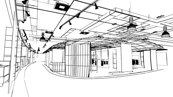 Warenhaus Halle Raumlinie Zeichnung Laden Seite Von Produkten Und Dienstleistungen — Stockvektor