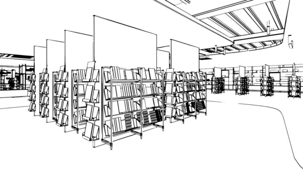 書店の通路の線画3Dレンダリング — ストックベクタ