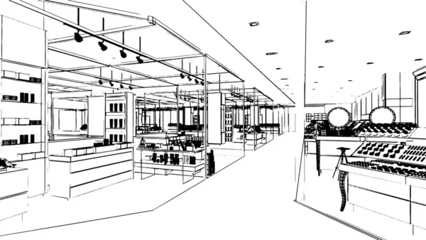 Γραμμή Σχέδιο Του Χώρου Της Αίθουσας Πολυκαταστημάτων Τμήμα Καταστημάτων Μόδας — Διανυσματικό Αρχείο