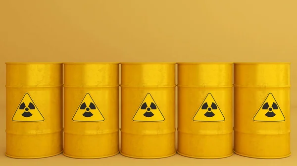 Radioactive storage tanks with a warning for chemical and radiation risks on a yellow backdrop.,3d rendering