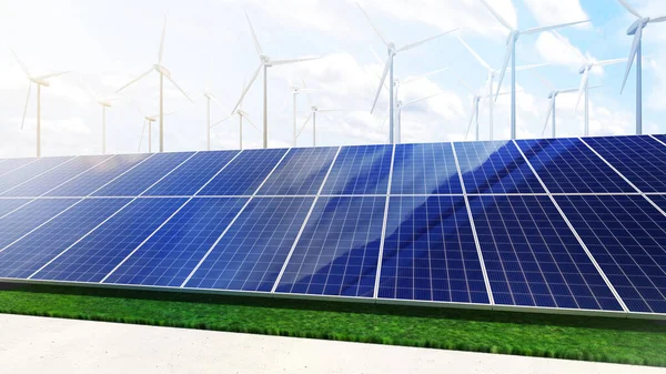 Turbiny Wiatrowe Wytwarzają Energię Elektryczną Zdjęcie Nowej Elektrowni Słonecznej Alternatywna — Zdjęcie stockowe