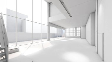 Büyük ofis salonu. Beyaz yapı ışıkla parıldıyor. Ofis alanı, 3D görüntüleme.