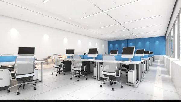 员工的办公空间和走廊 阁楼风格装饰的工作区域 3D渲染 — 图库照片