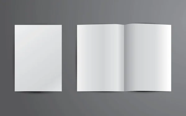 暗い背景に空白のA4ホワイトペーパーの2ページに情報発表のためにモックアップ パンフレットや写真 — ストックベクタ