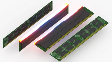 Temel bilgisayar ekipmanı parçaları, izometrik, iç bileşenler, kapasitör, 3d oluşturma