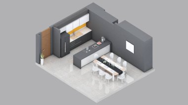 Kiler ve yemek salonu, yerleşim alanı, 3D görüntüleme.