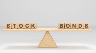 Hisse senetleri ve tahviller arasındaki değer, iki farklı nesnenin değeri, beyaz arka planda ahşap teraziler, 3D görüntüleme