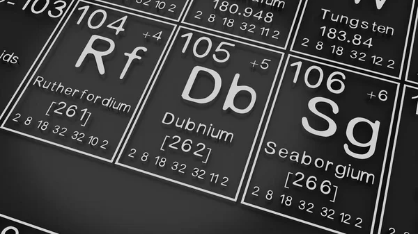 Rutherfordium Dubnium Seaborgium Periodic Table Elements Black Blackground History Chemical — 스톡 사진