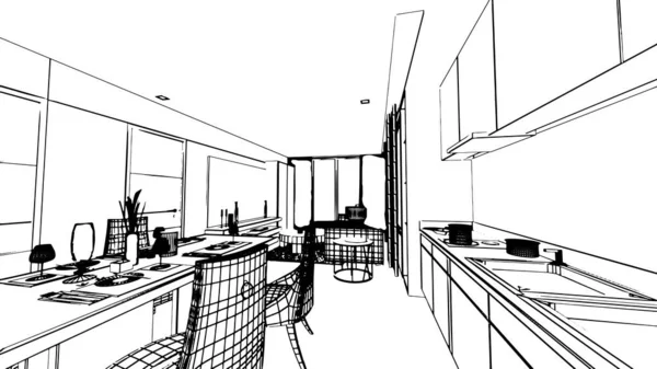 现代风格的就餐区绘图 3D渲染 — 图库矢量图片