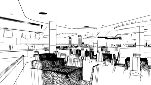 Food Court Space Line Drawing Mall Rendering — 스톡 벡터