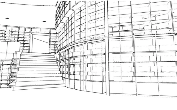 书店大型书架结构的线条绘图 3D渲染 — 图库矢量图片