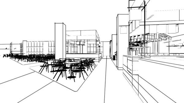 Dessin Ligne Zone Salle Grand Magasin Section Cour Nourriture Rendu — Image vectorielle