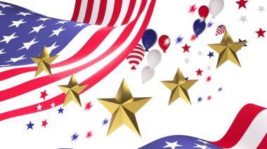 4 Temmuz ABD Bağımsızlık Günü Gerçekçi Altın Yıldız ve ABD Bayrağı ve Festivalsel Renkli Konfeti Sınırı ile kutlanıyor.