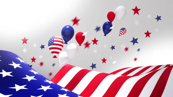 7月4日のアメリカ独立記念日は 現実的なゴールドスターとアメリカ国旗とお祭り色のコンフェッティボーダーで祝います 3Dレンダリング — ストック写真