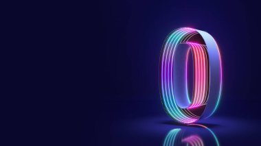 Sıfır numaralı bilim kurgu tarzı koyu mavi zemin üzerinde neon ışıklar, 3D görüntüleme