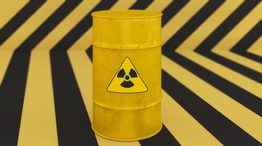 Radyoaktif depolama tankları kimyasal ve radyasyon uyarısı ile sarı ve siyah zemin üzerinde risk taşıyor.