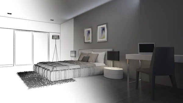 Υπνοδωμάτιο Του Home Συνδυασμό Σχεδίων Γραμμή Και Χρώμα Απόδοση — Φωτογραφία Αρχείου
