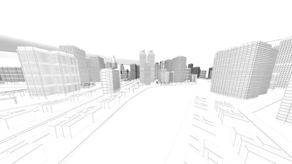 城市景观 低多边形城市和建筑物 在城市的商业区 有一个高大的结构 有河流和道路 3D渲染 — 图库照片