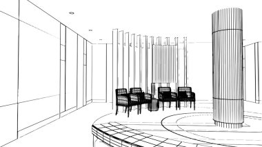 Benzin istasyonundaki bekleme alanının çizgi çizimi, 3D görüntüleme