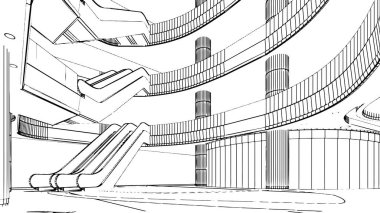 Mağaza binasının çizgi çizimi, 3D görüntüleme