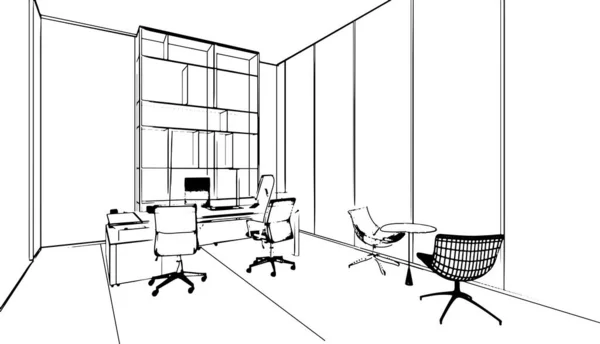Linienzeichnung Eines Führungsbüros Einem Bürogebäude Rendering — Stockvektor