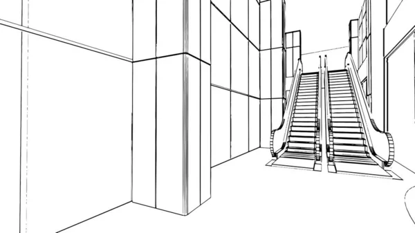 Desenhos Linha Corredores Edifícios Escritórios Escadas Rolantes Renderização —  Vetores de Stock