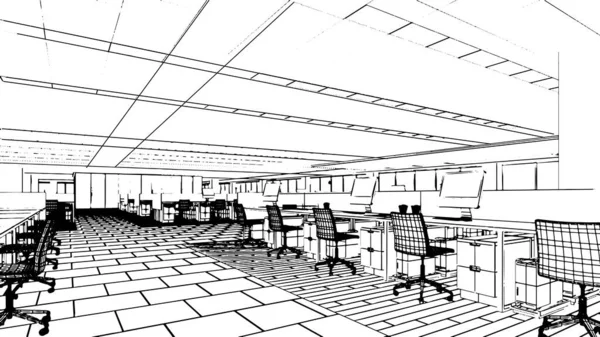 巨大なオフィスエリア ドキュメントワークライン図面のオフィスエリア 3Dレンダリング — ストックベクタ