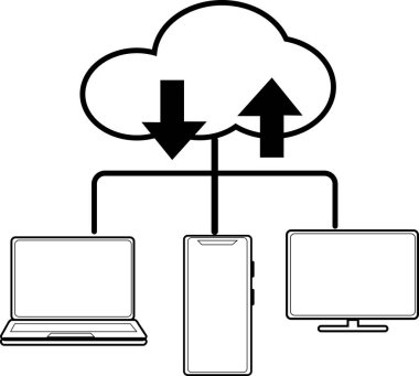 bulut, iş teknolojisi ve bilim konsepti aracılığıyla veri transferi, düz çizgili çizgi resim simgesi.