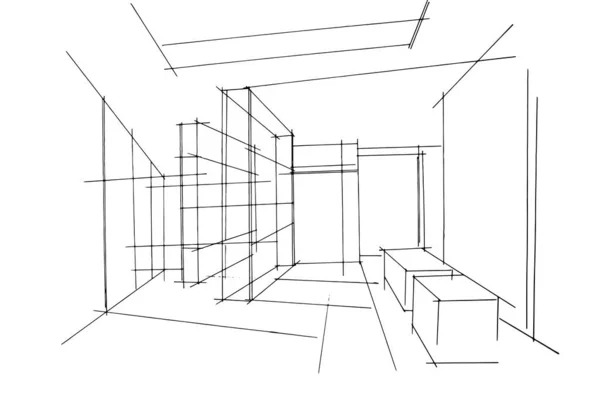 Офісне Компонування Ескіз Лінійний Малюнок Використовуючи Архітектуру Інтер Єру Складання — стоковий вектор