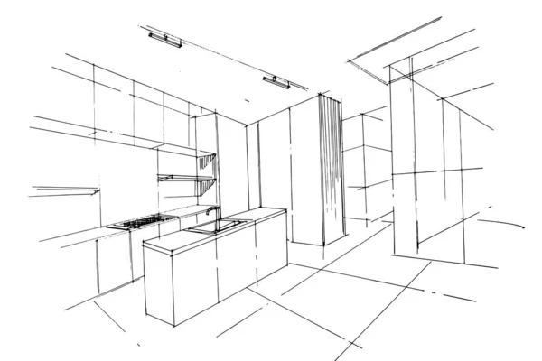Dibujo Línea Cocina Dibujo Línea Usando Arquitectura Interior Ensamblando Gráficos — Vector de stock