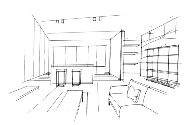 Čára Kresba Obývacím Pokoji Čára Kresba Použití Vnitřní Architektury Montáž — Stockový vektor