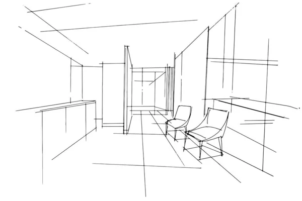 Dibujo Línea Asientos Oficina Dibujo Línea Usando Arquitectura Interiores Ensamblando — Vector de stock