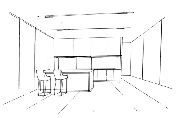 Desenho Linha Cozinha Desenho Linha Usando Arquitetura Interiores Montagem Gráficos — Vetor de Stock