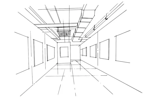 Rysunek Linii Galerii Sztuki Rysunek Linii Używając Architektury Wnętrz Montując — Wektor stockowy