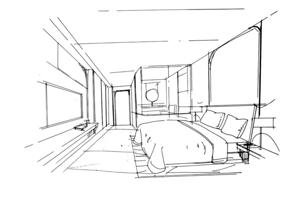 Yatak Odası Çizimi Mimariyi Kullanarak Bir Çizgi Çizimi Grafikleri Birleştirme — Stok Vektör