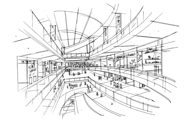 Desenho Linha Loja Departamento Desenho Linha Usando Arquitetura Interiores Montagem — Vetor de Stock