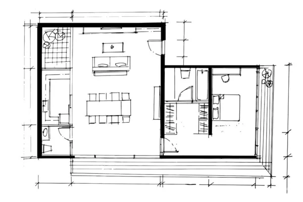 Desenho Linha Planta Casa Desenho Linha Usando Arquitetura Interiores Montagem — Vetor de Stock