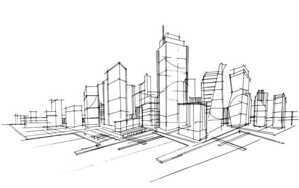 Лінійний Малюнок Великої Міської Будівлі Лінійний Малюнок Використовуючи Архітектуру Інтер — стоковий вектор