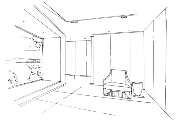 Desenho Linha Sala Estar Desenho Linha Usando Arquitetura Interiores Montagem — Vetor de Stock