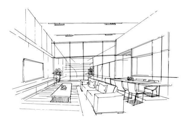 Dibujo Línea Sala Estar Dibujo Línea Usando Arquitectura Interior Ensamblando — Vector de stock