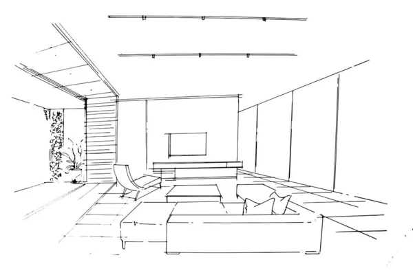 Wohnzimmer Linienzeichnung Eine Linienzeichnung Verwendung Von Innenarchitektur Montage Von Grafiken — Stockvektor