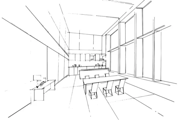 Linha Desenho Sentado Comendo Desenho Linha Usando Arquitetura Interiores Montagem — Vetor de Stock