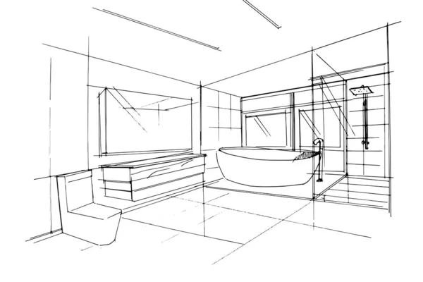 Dibujo Línea Del Cuarto Baño Dibujo Línea Usando Arquitectura Interior — Vector de stock