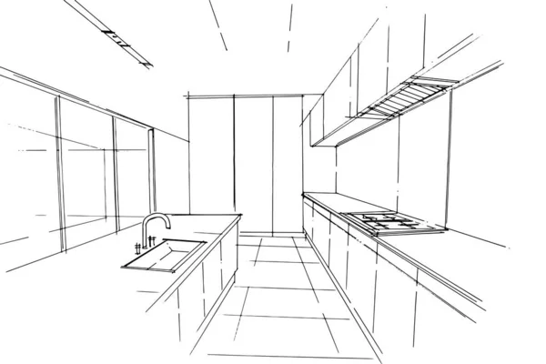 Desenho Linha Cozinha Desenho Linha Usando Arquitetura Interiores Montagem Gráficos — Vetor de Stock
