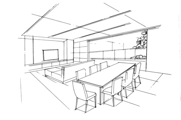 Desenho Linha Sala Estar Desenho Linha Usando Arquitetura Interiores Montagem — Vetor de Stock