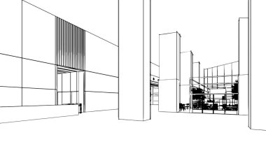 Büyük bir ofis binasının çizgi çizimi, 3D görüntüleme