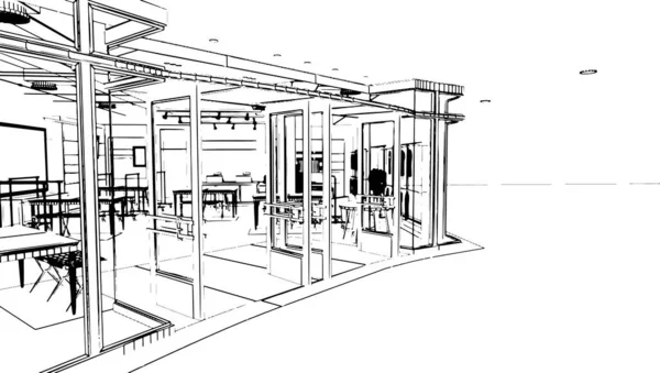 百貨店スペースライン図面プロダクトとサービスのストアページ 3Dレンダリング — ストックベクタ