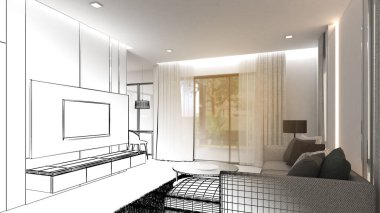 Evin oturma odasında bir kanepe ve bir televizyon var. Çizgiler ve renklerin kombinasyonu.